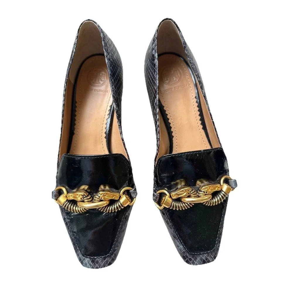 Tory Burch Reptile Embossed Horsebit Block Heel Pumps Size 5
